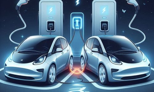 two identical electric cars, one charging and one fully charged two identical electric cars, one charging and one fully charged
